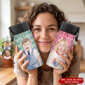Custom Photo Realistic Watercolor Art Adorable Kid With Name - Personalized Kids Water Bottle