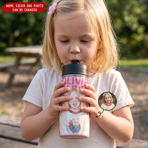Custom Photo Realistic Watercolor Art Adorable Kid With Name - Personalized Kids Water Bottle