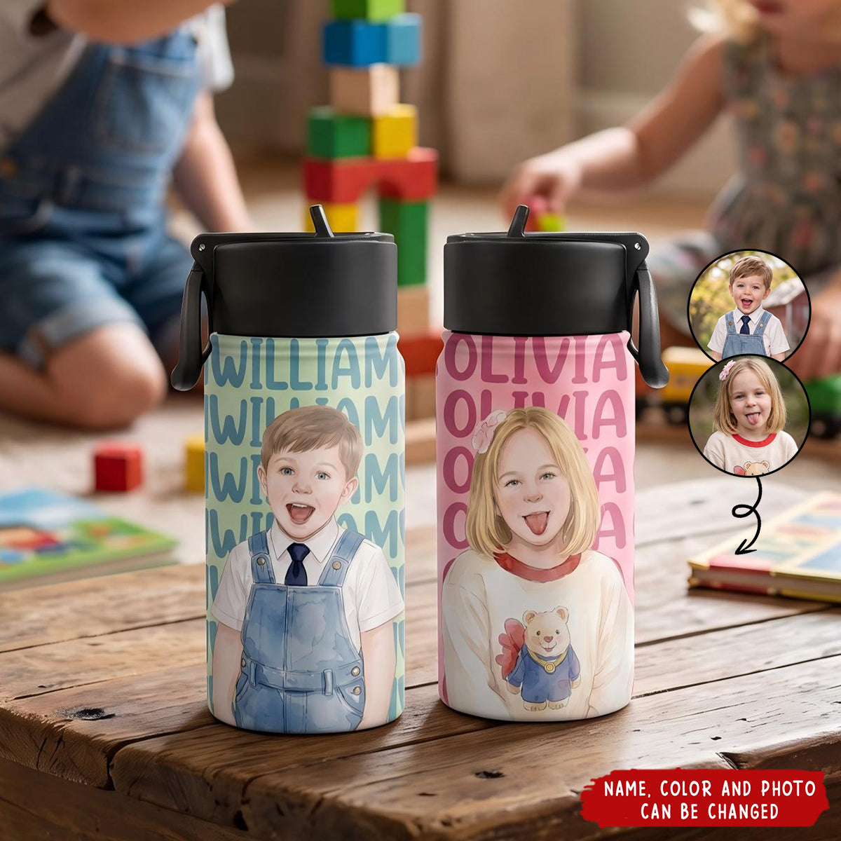 Custom Photo Realistic Watercolor Art Adorable Kid With Name - Personalized Kids Water Bottle