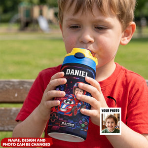 Custom Photo Kid Car Racing - Personalized Insulated Water Bottle With Straw