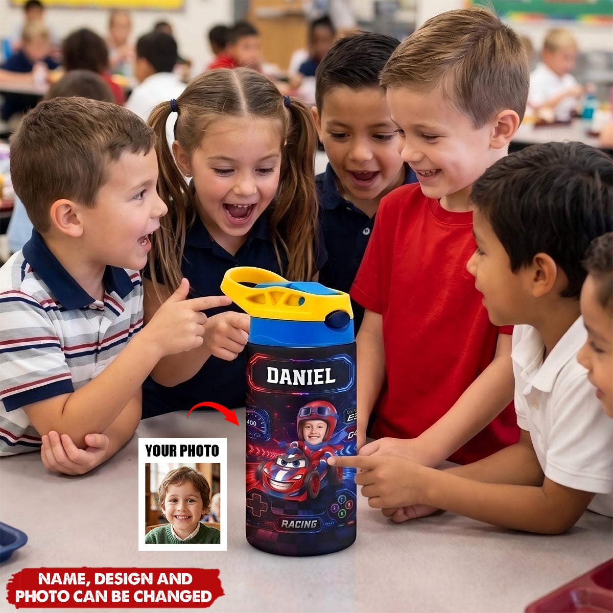 Custom Photo Kid Car Racing - Personalized Insulated Water Bottle With Straw