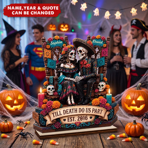 Custom Day Of The Dead 2-Layered Wooden Plaque - Personalized Halloween Decor, Anniversary Wedding Gifts For Husband And Wife, Him And Her - Eternal Skeletal Love