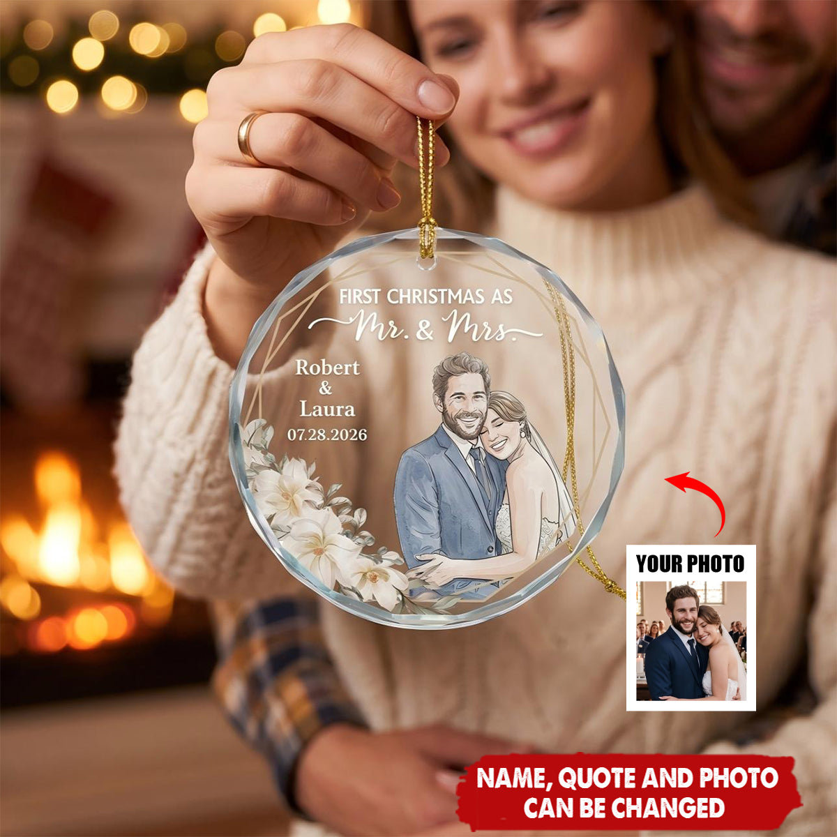 Custom Photo Watercolor Art First Christmas As Mr & Mrs Couple Gifts - Personalized Ornament