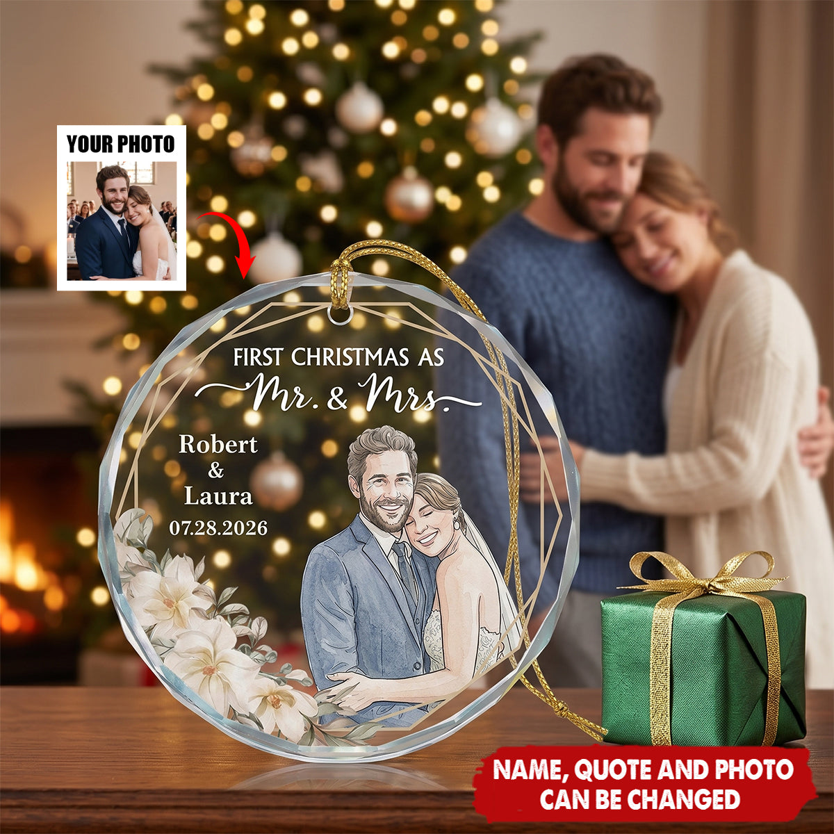 Custom Photo Watercolor Art First Christmas As Mr & Mrs Couple Gifts - Personalized Ornament