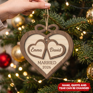Custom First Christmas Double Layer Wooden Ornament - Personalized Anniversary Christmas Wedding Gifts For Husband And Wife, Him And Her