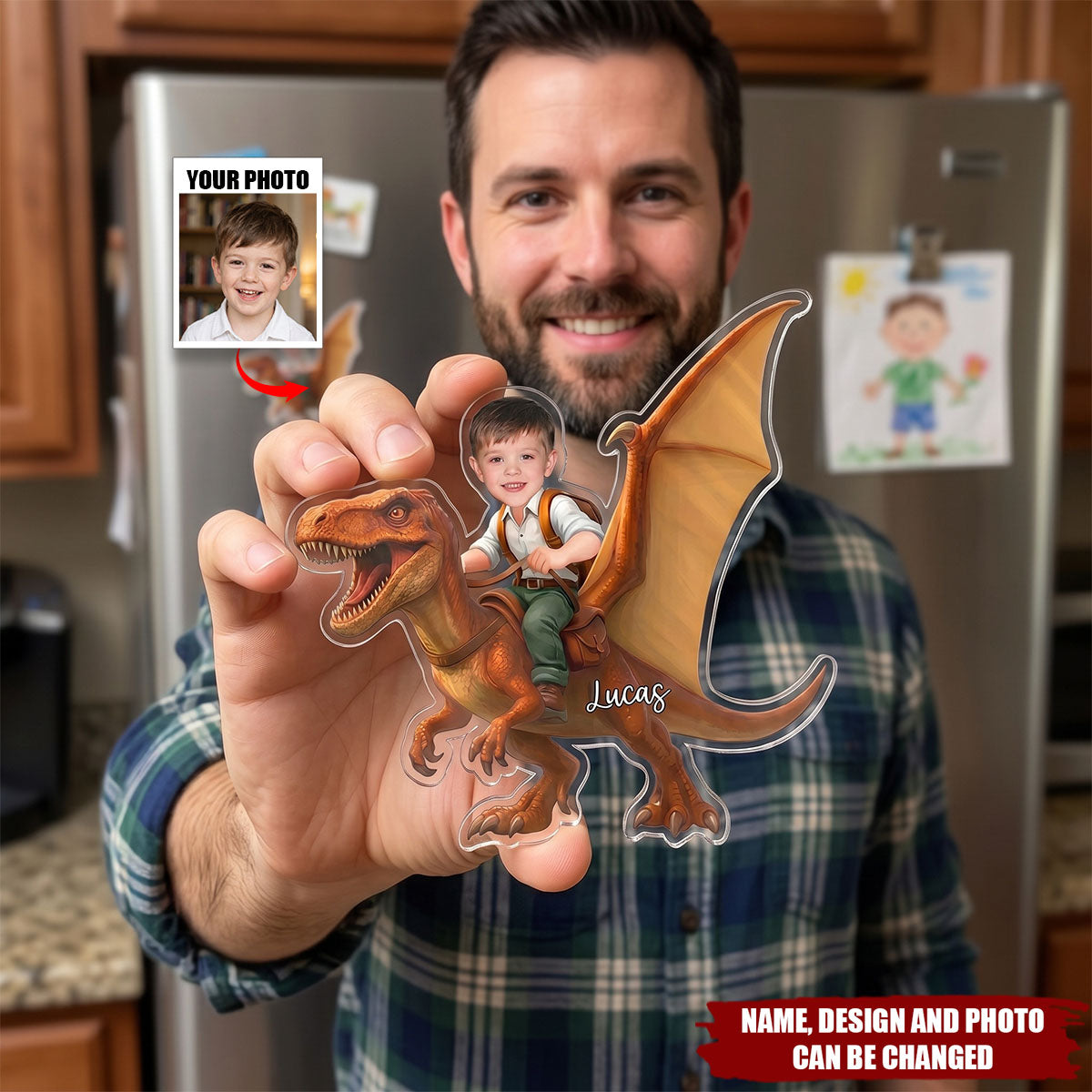 Custom Photo Cute Kid Riding Dinosaur Flamingo Unicorn - Personalized Acrylic Magnet