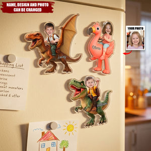 Custom Photo Cute Kid Riding Dinosaur Flamingo Unicorn - Personalized Acrylic Magnet