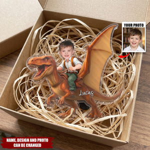 Custom Photo Cute Kid Riding Dinosaur Flamingo Unicorn - Personalized Acrylic Magnet
