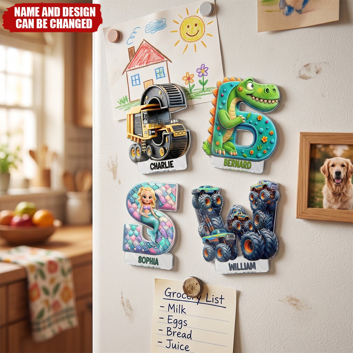 Truck Car Dinosaur Mermaid Alphabet - Personalized Acrylic Magnet