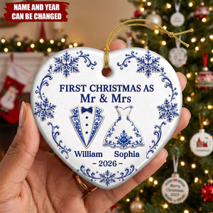 Custom First Christmas Ceramic Ornament - Personalized Anniversary Christmas Wedding Gifts For Husband And Wife, Him And Her - Our Love Story Starts Here