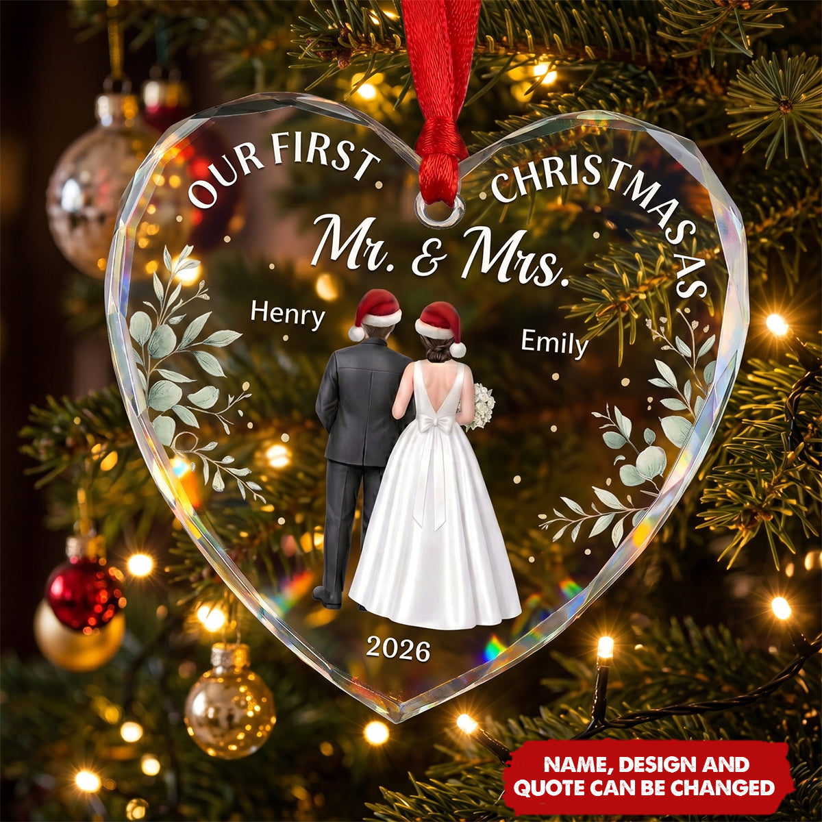 Custom First Christmas Heart Glass Ornament - Personalized Anniversary Christmas Wedding Gifts - Our Forever Winter Chapter