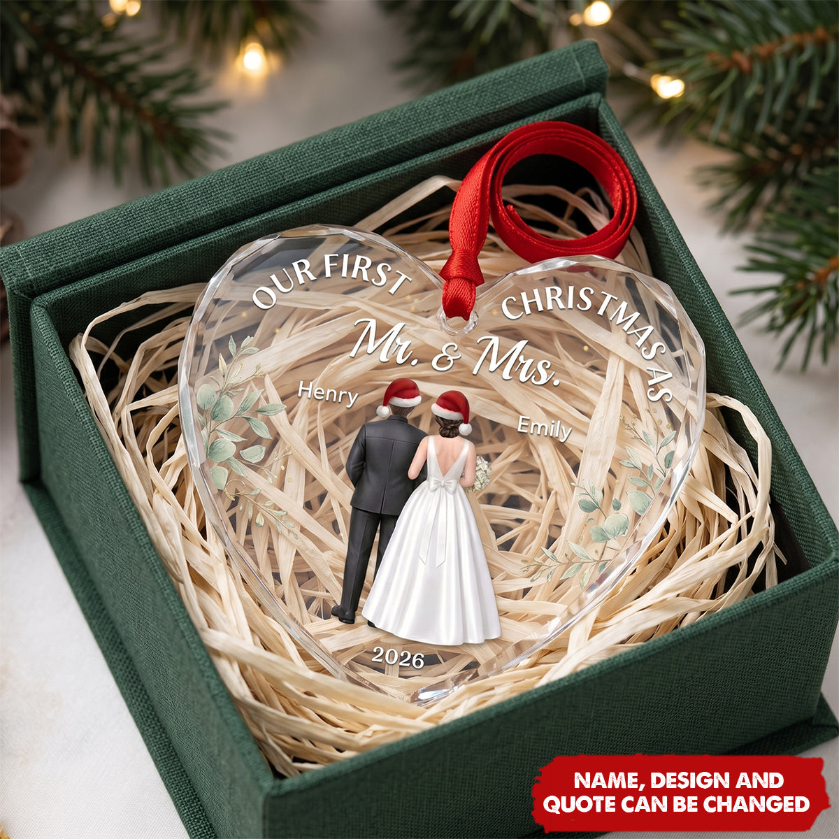 Custom First Christmas Heart Glass Ornament - Personalized Anniversary Christmas Wedding Gifts - Our Forever Winter Chapter