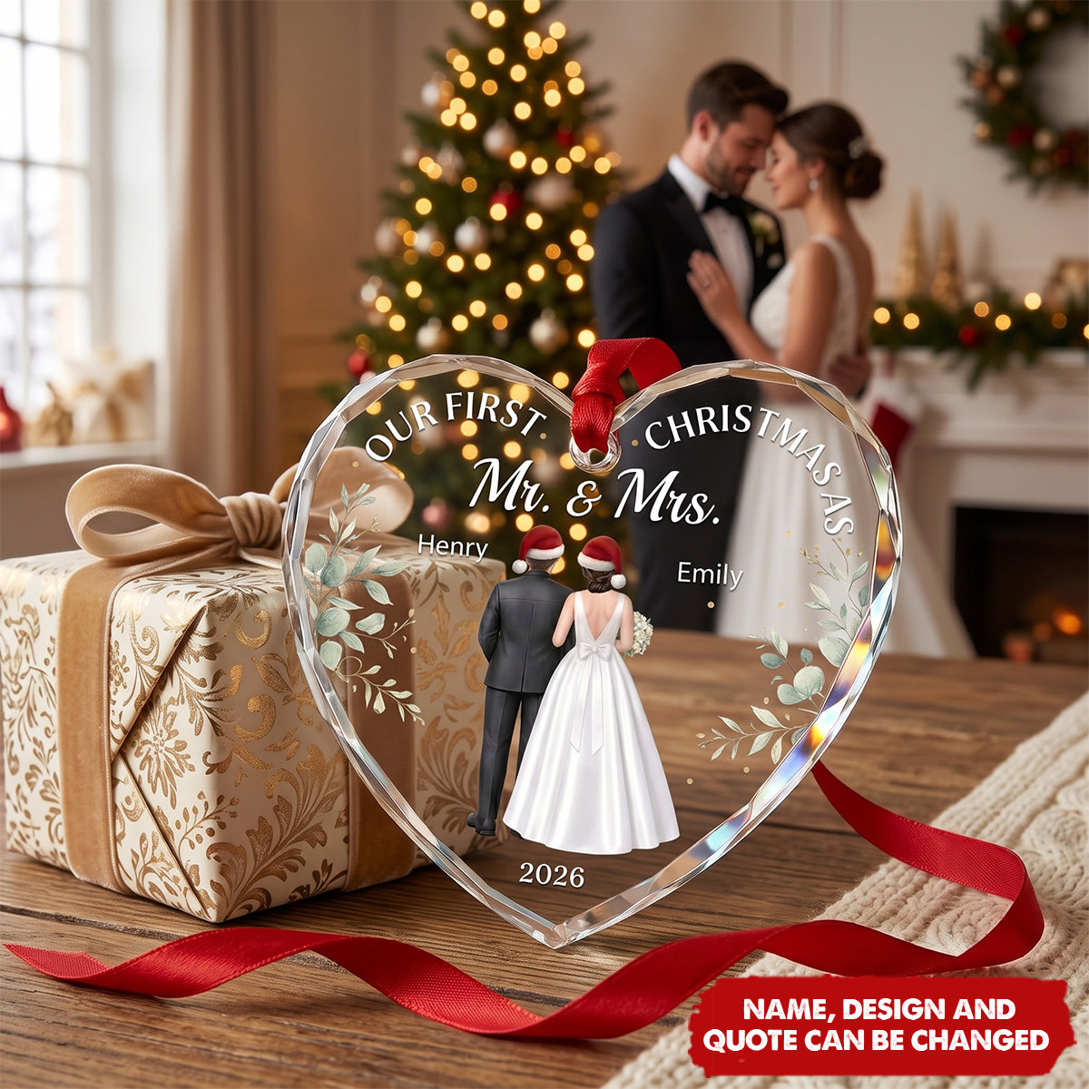 Custom First Christmas Heart Glass Ornament - Personalized Anniversary Christmas Wedding Gifts - Our Forever Winter Chapter