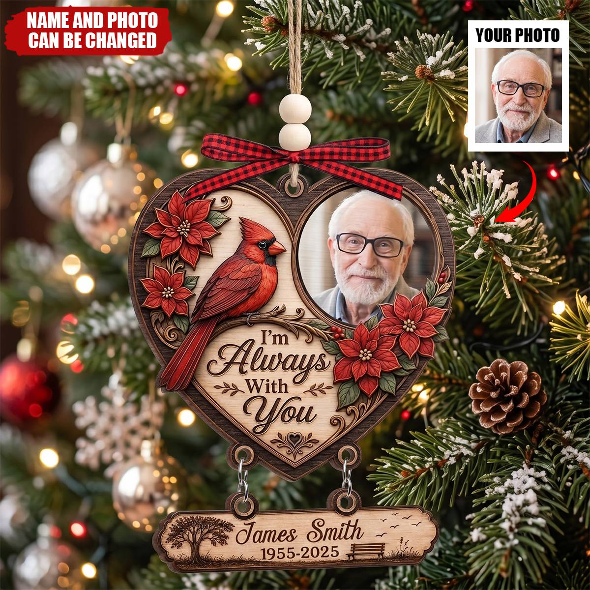Custom Photo Wooden Ornament With Tag - Personalized Christmas Memorial Sympathy Gifts For Loss Of Mom, Dad