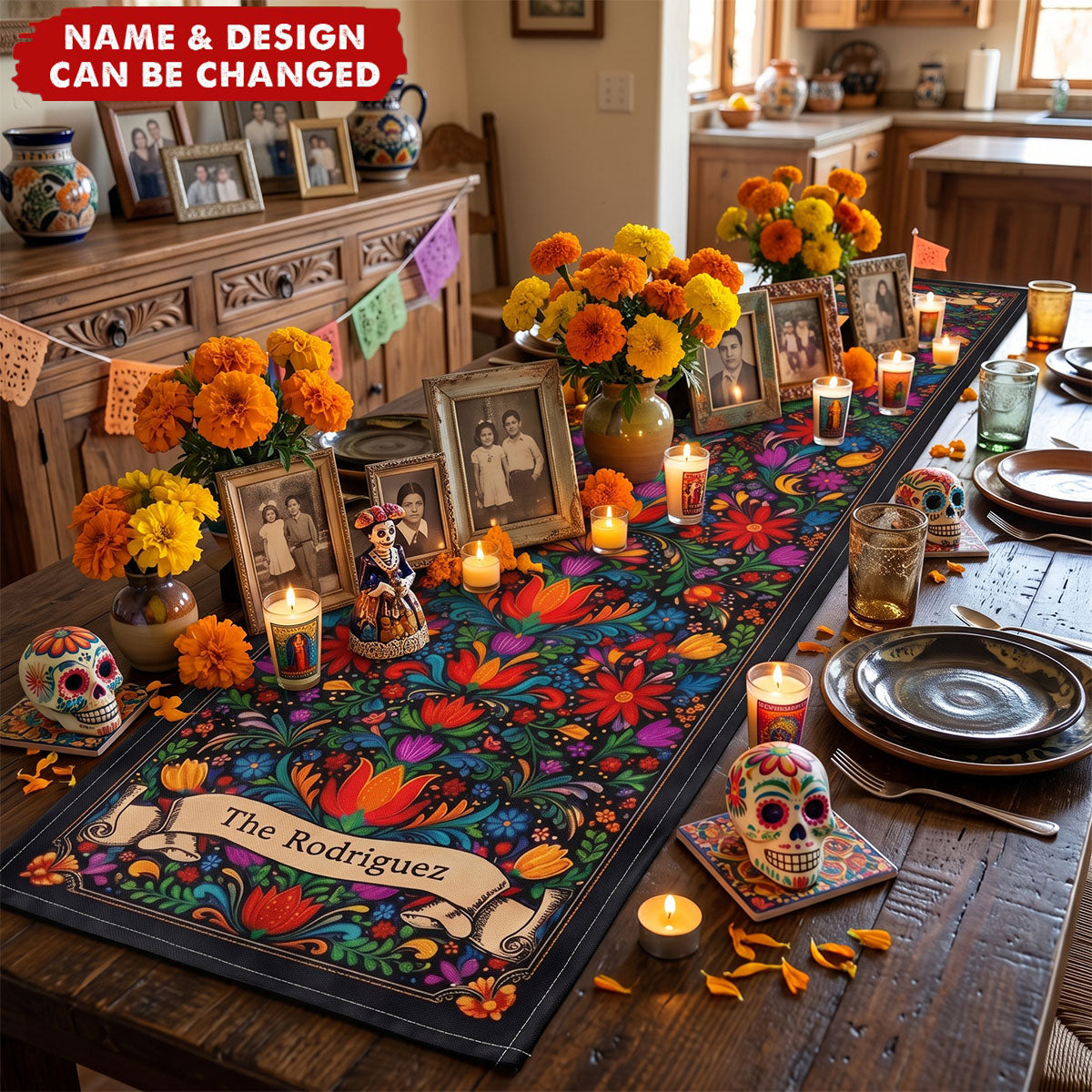 Mexican Cinco De Mayo Floral Fiesta Dia De Los Muertos - Personalized Table Runner