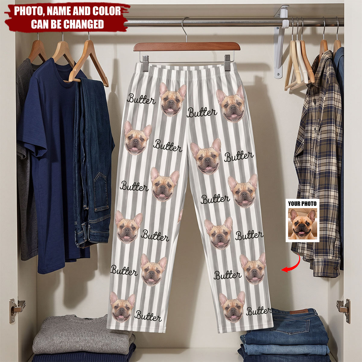 Custom Photo Vivid Watercolor Art Happy Dog Cat Pet Stripe - Personalized Pajama Pants