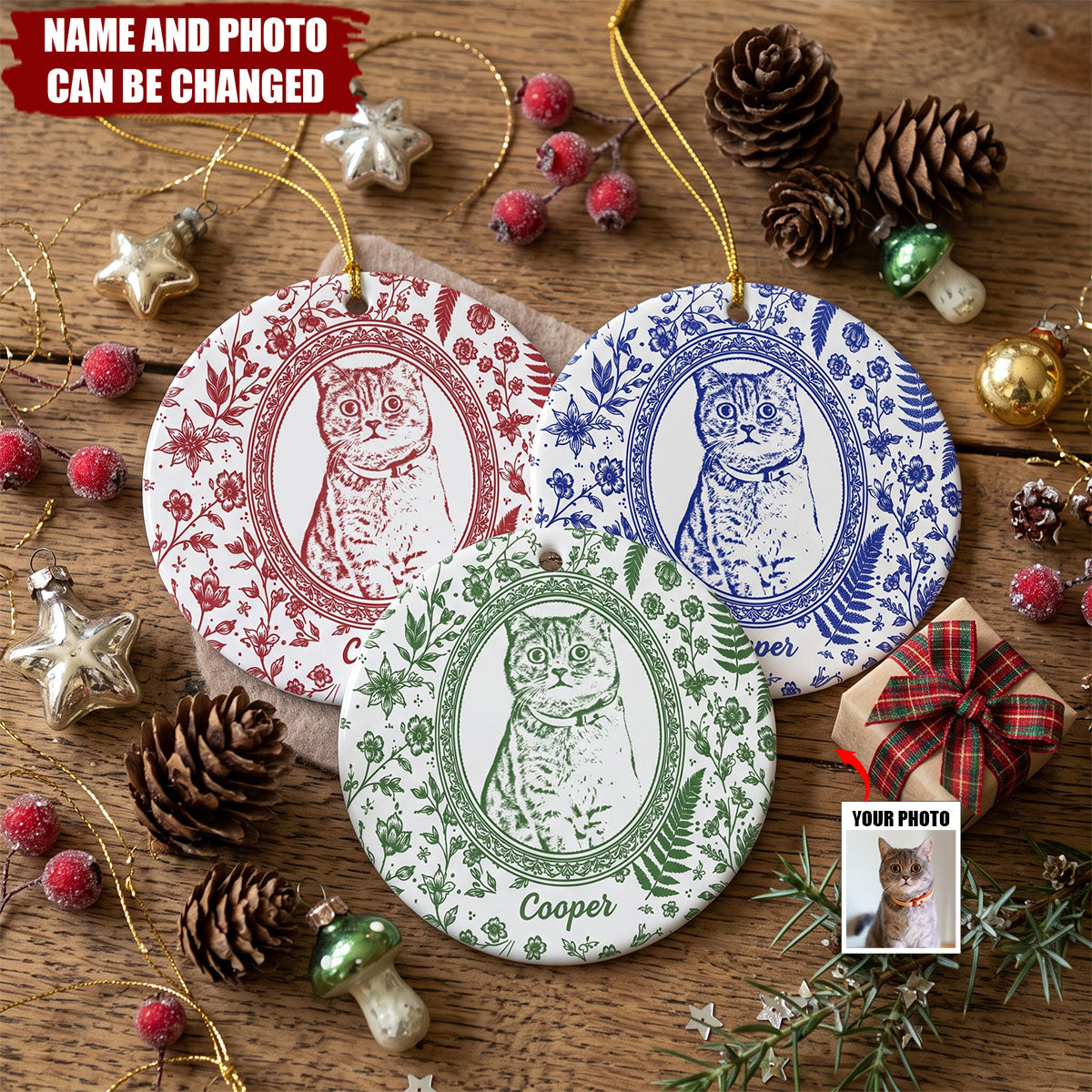 Custom Photo Portrait Christmas Gift For Pet Lover - Personalized Ornament