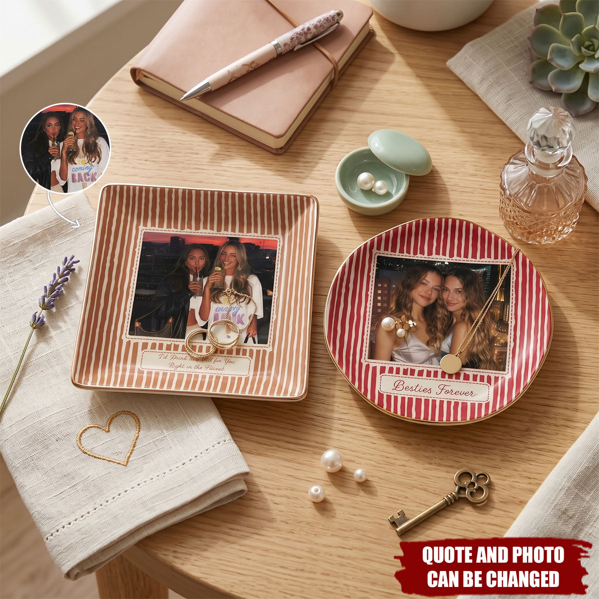 Best Friend Photo Trinket Tray - Birthday Gifts For Bestie, Sister - Vintage Stripe - Personalized Jewelry Dish