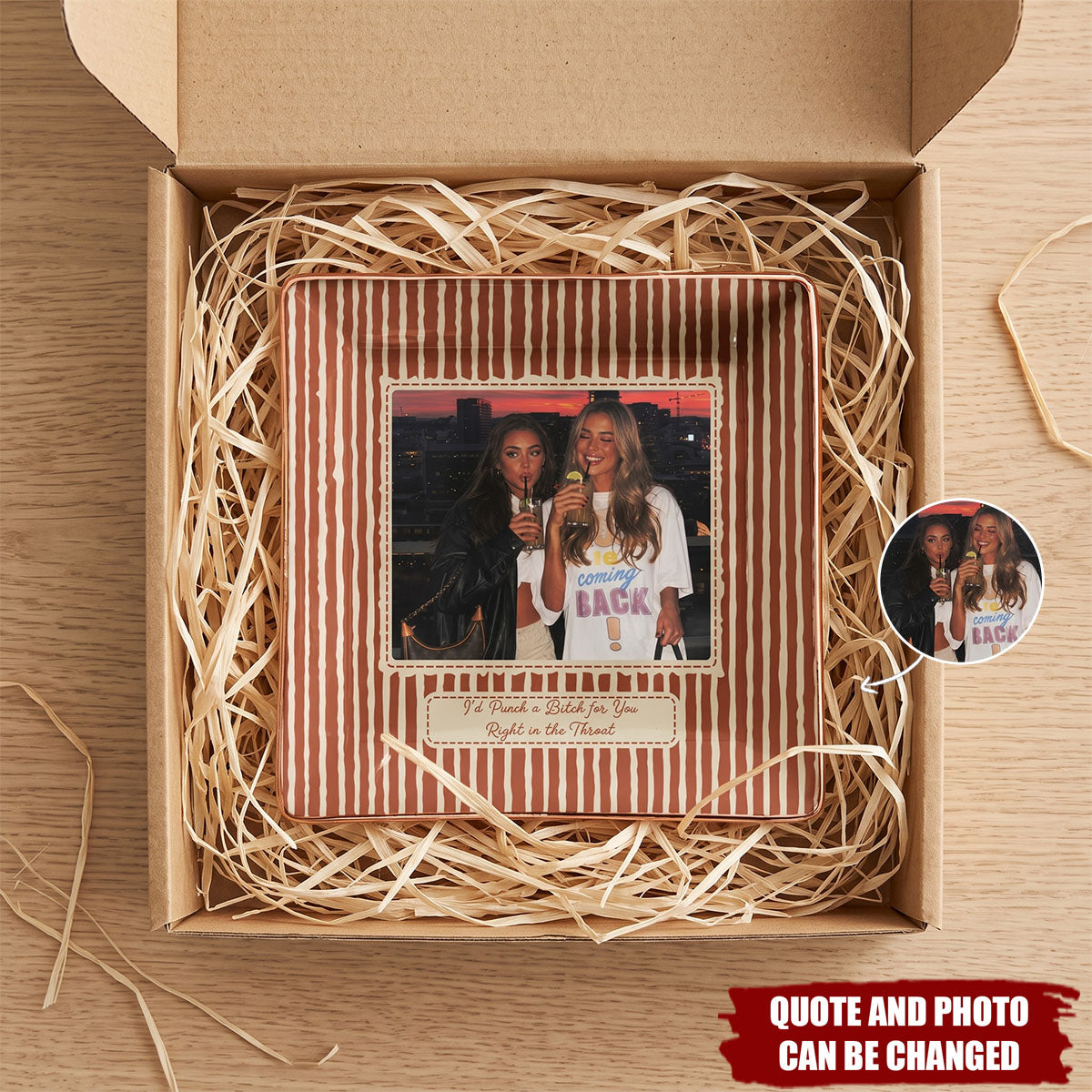 Best Friend Photo Trinket Tray - Birthday Gifts For Bestie, Sister - Vintage Stripe - Personalized Jewelry Dish