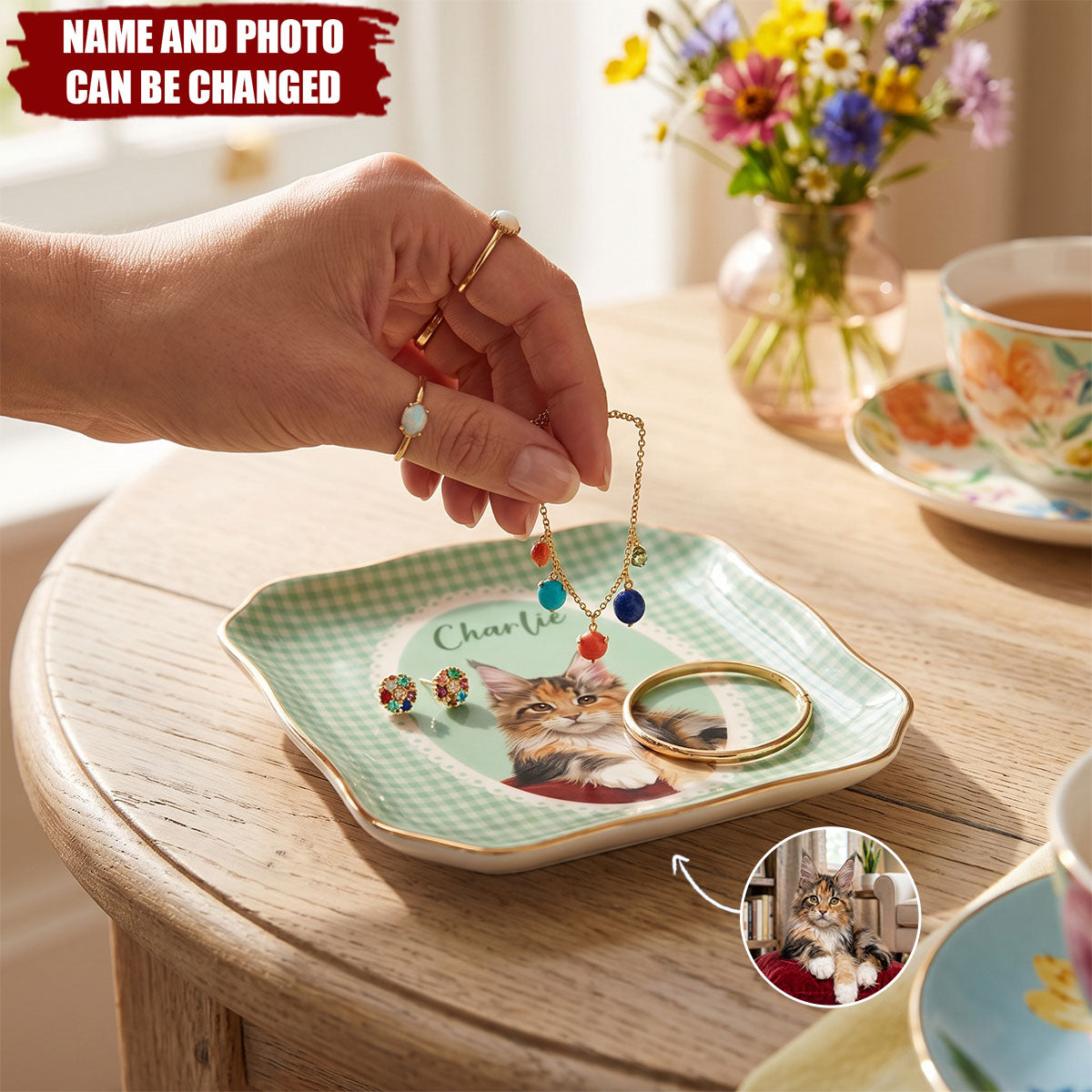 Custom Dog Cat Portrait - Turn Pet Photo Into Art - Vintage Retro Frame - Personalized Jewelry Dish