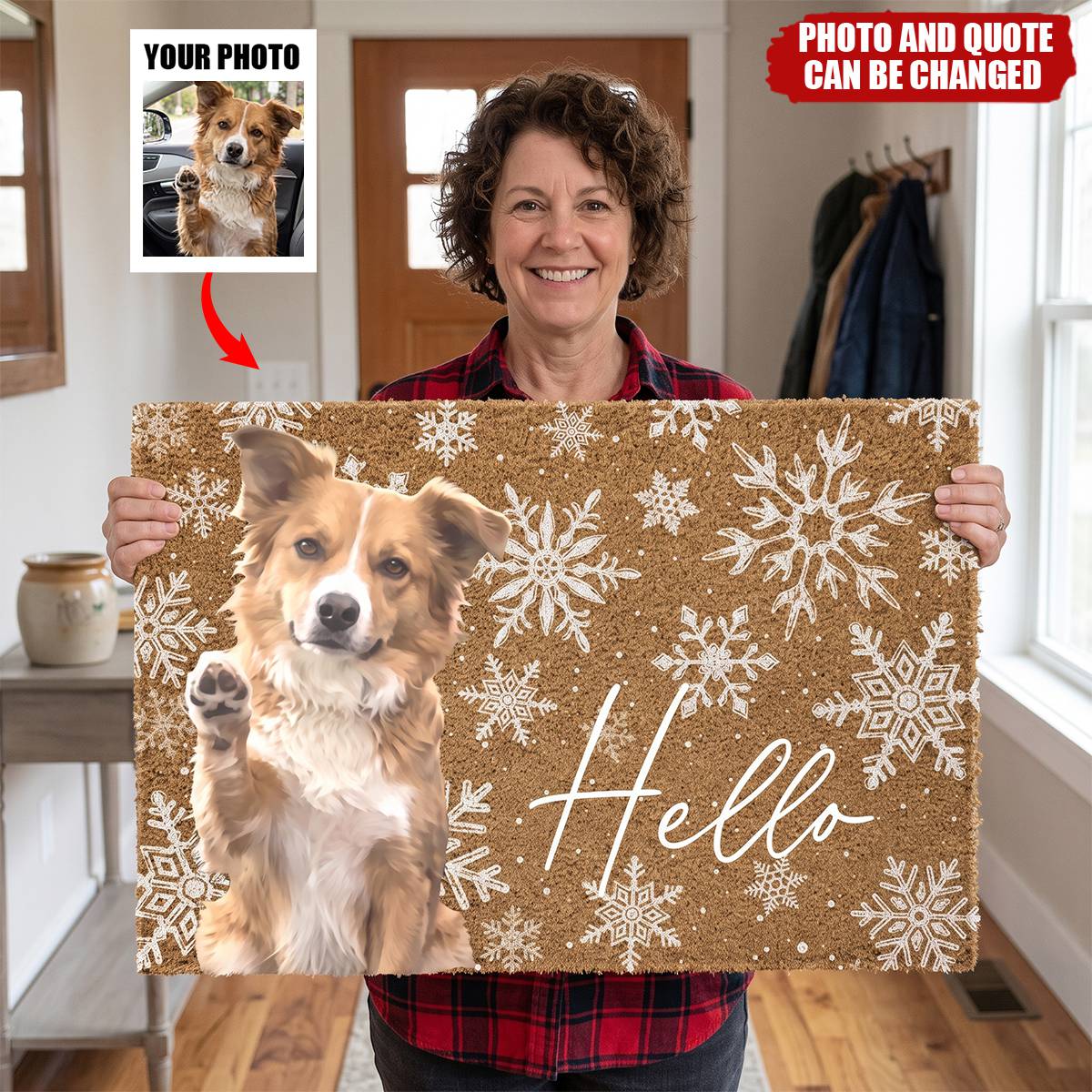 Custom Pet Portrait Watercolor Art Snowflake Christmas - Personalized Doormat