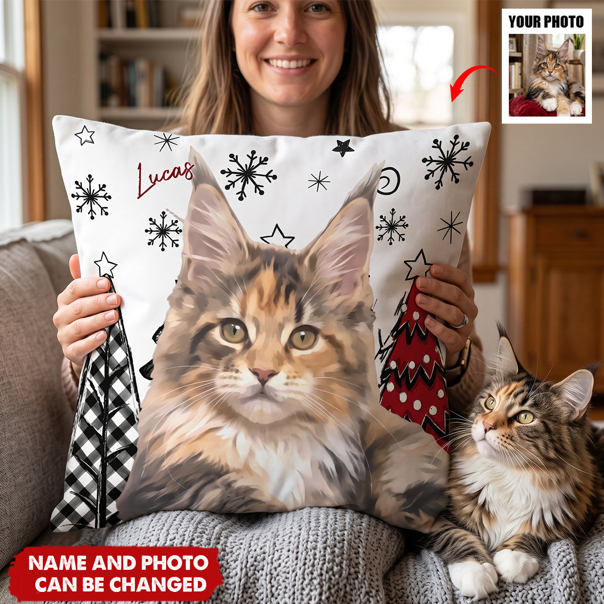 Custom Pet Photo Watercolor Art Christmas Winter Decor Gift - Personalized Pillow