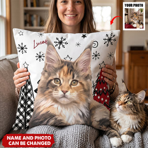Custom Pet Photo Watercolor Art Christmas Winter Decor Gift - Personalized Pillow