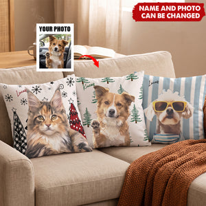 Custom Pet Photo Watercolor Art Christmas Winter Decor Gift - Personalized Pillow