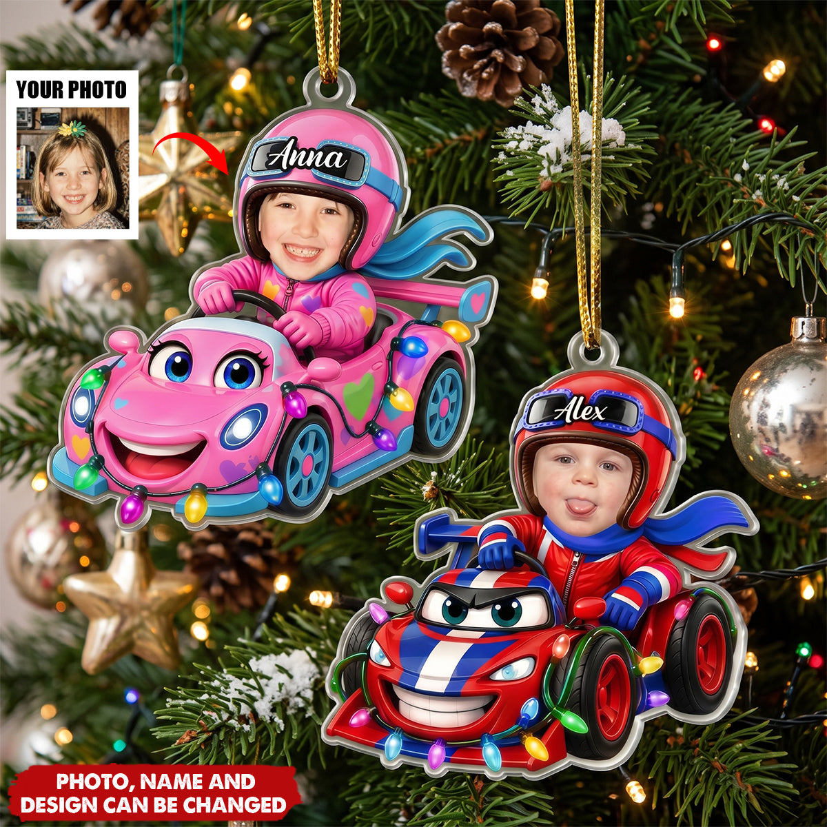 Custom Kid Funny Face Racing Car Christmas Gifts For Son, Daughter, Grandkids - Personalized Ornament