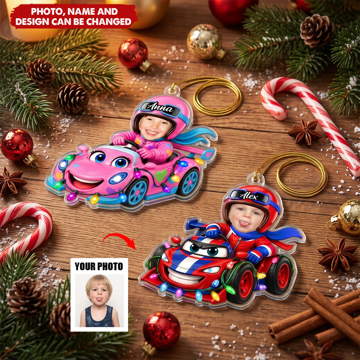 Custom Kid Funny Face Racing Car Christmas Gifts For Son, Daughter, Grandkids - Personalized Ornament