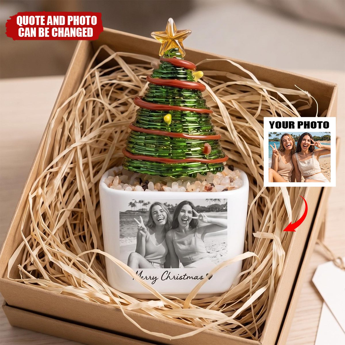 Custom Photo Moments With Family, Friends, Grandparents - Glass Christmas Tree - Personalized Plant Pot