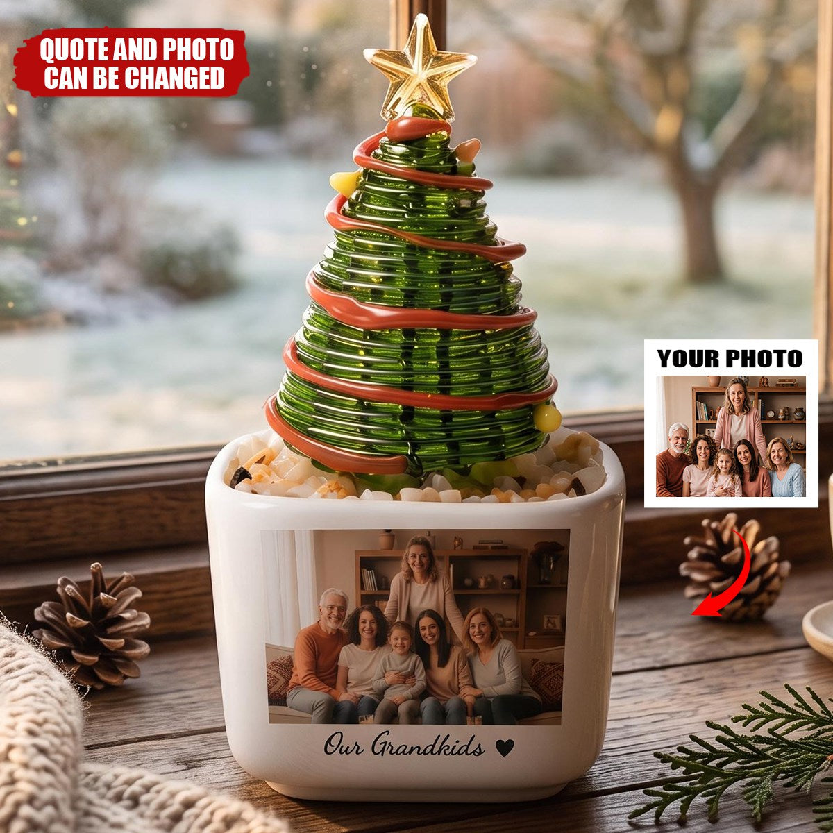 Custom Photo Moments With Family, Friends, Grandparents - Glass Christmas Tree - Personalized Plant Pot