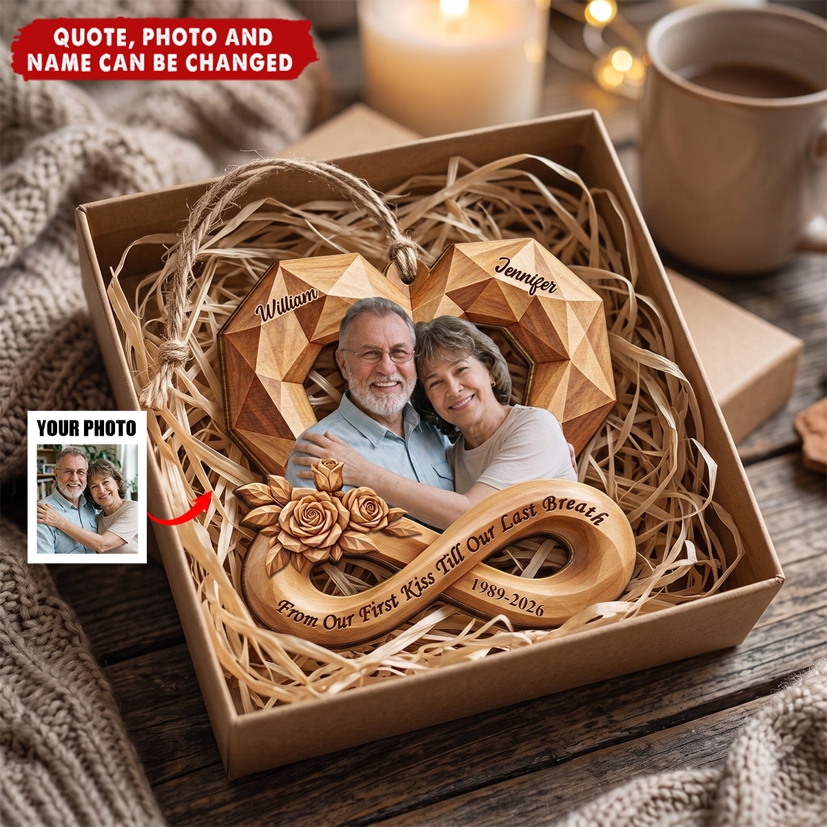 Anniversary Gift For Couples - Personalized Custom Photo Infinity Rose Heart Wooden Ornament
