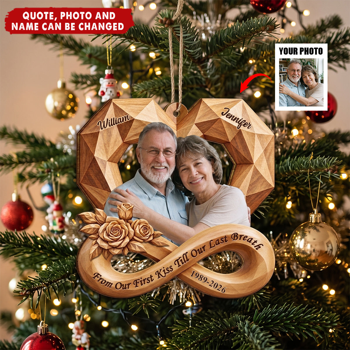 Anniversary Gift For Couples - Personalized Custom Photo Infinity Rose Heart Wooden Ornament