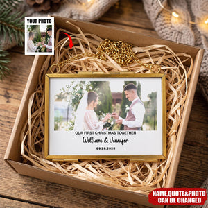 Our First Christmas Couple - Personalized Custom Photo Watercolor Metal Frame Ornament