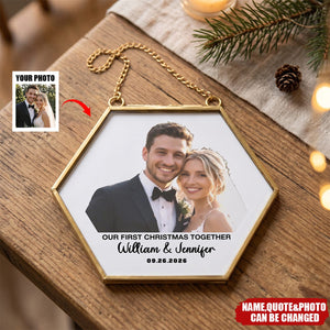 Our First Christmas Couple - Personalized Custom Photo Watercolor Metal Frame Ornament