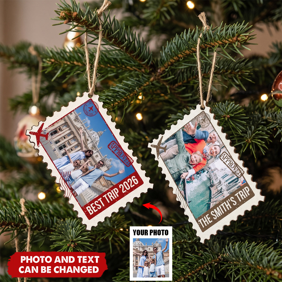 Family Travel Christmas Gift - Personalized Custom Photo Postage Stamp Wooden Ornament