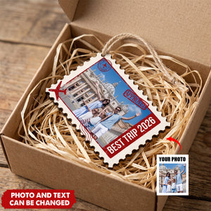 Family Travel Christmas Gift - Personalized Custom Photo Postage Stamp Wooden Ornament