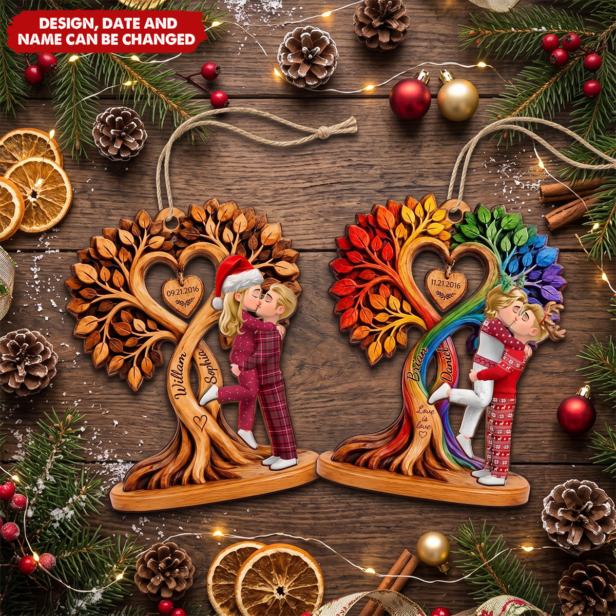 Christmas Gift For Couples - Personalized Heart Tree 2-Layered Wooden Ornament