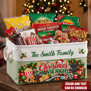 Christmas Movie Night Basket - Supplies Snack Storage Basket With Handles - Personalized Storage Basket