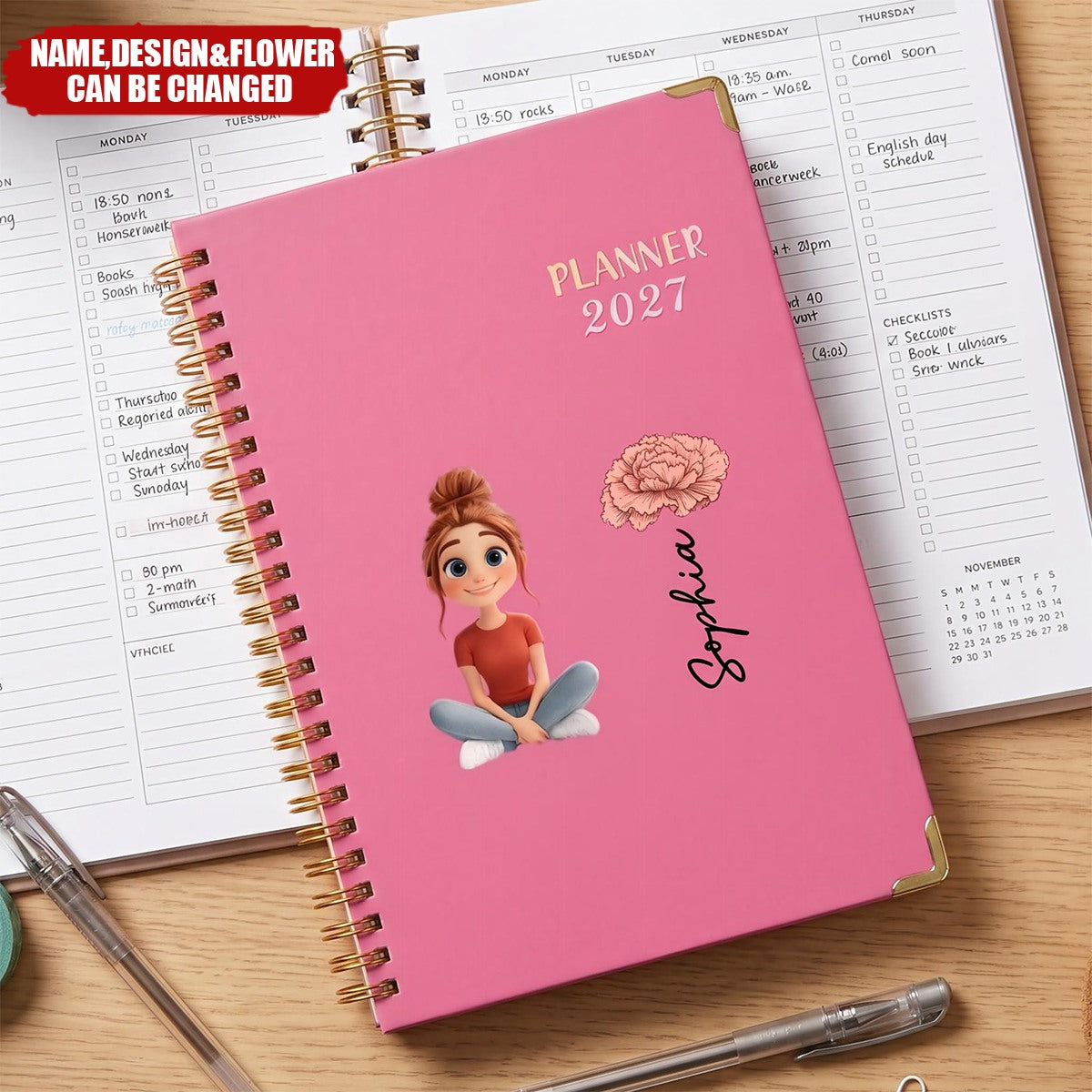 Custom Birth Flower, Name & Cute Character For Her, Daughter, Mom, Friends - Custom Planner 2027