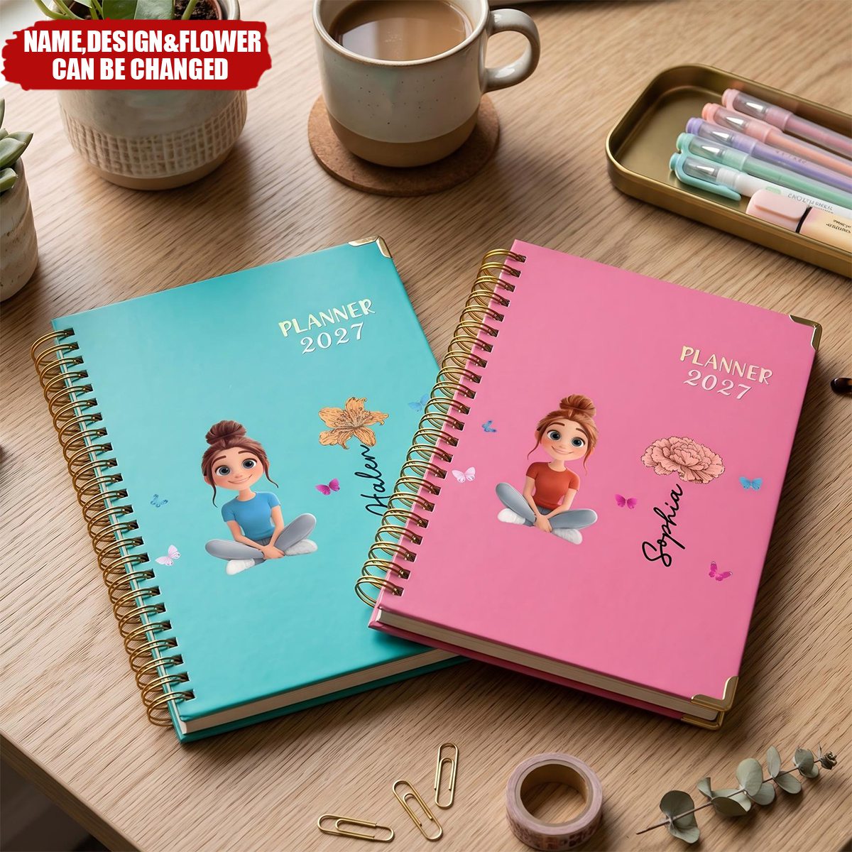 Custom Birth Flower, Name & Cute Character For Her, Daughter, Mom, Friends - Custom Planner 2027