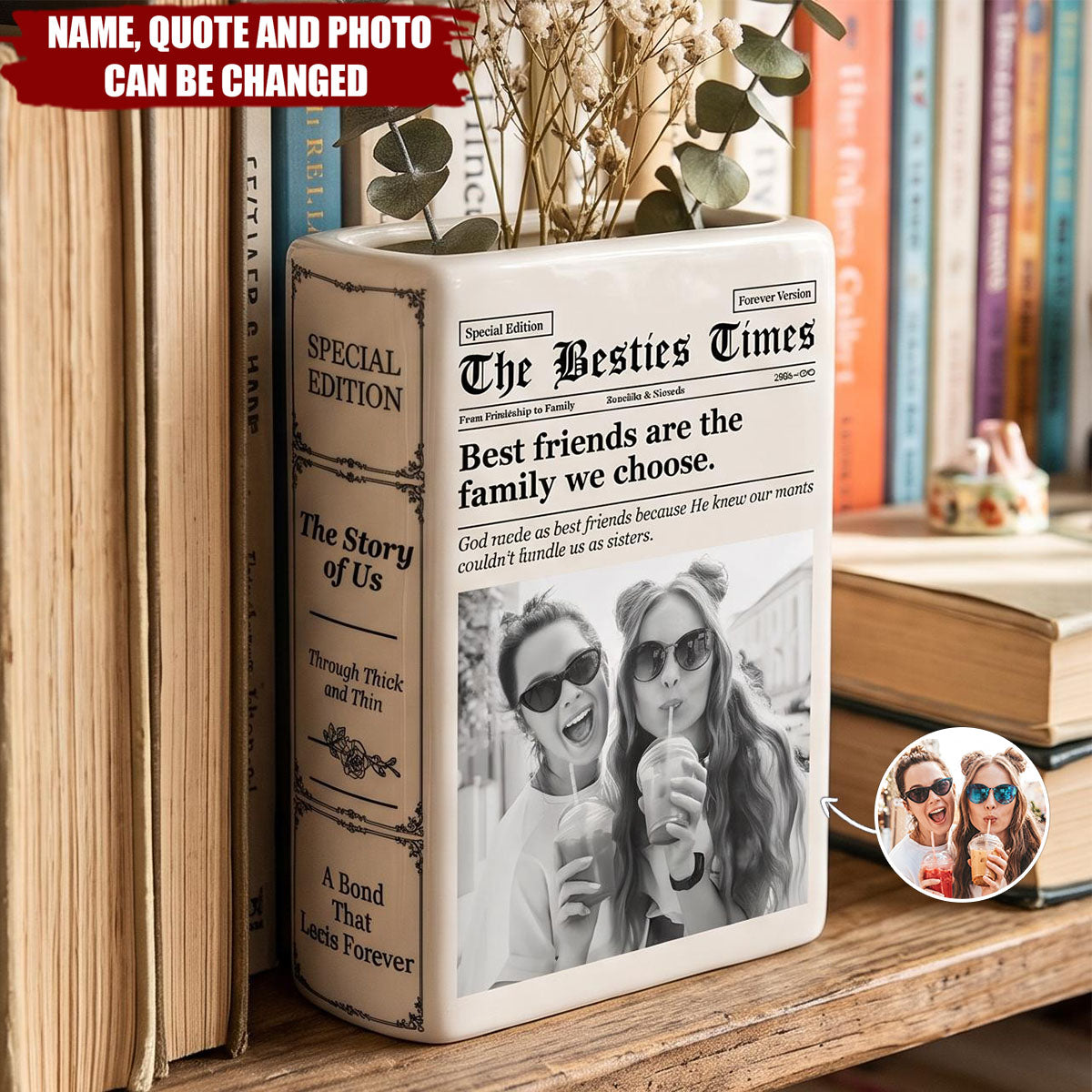 Gift For Best Friend - Personalized Custom Photo Newspaper Ceramic Book Vase