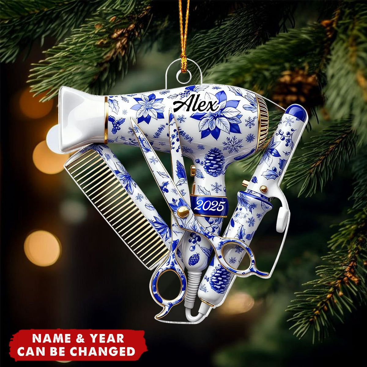 Christmas Toile De Jouy Pattern Hairdresser Things - Personalized Acrylic Ornament - Gift For Hairdressers